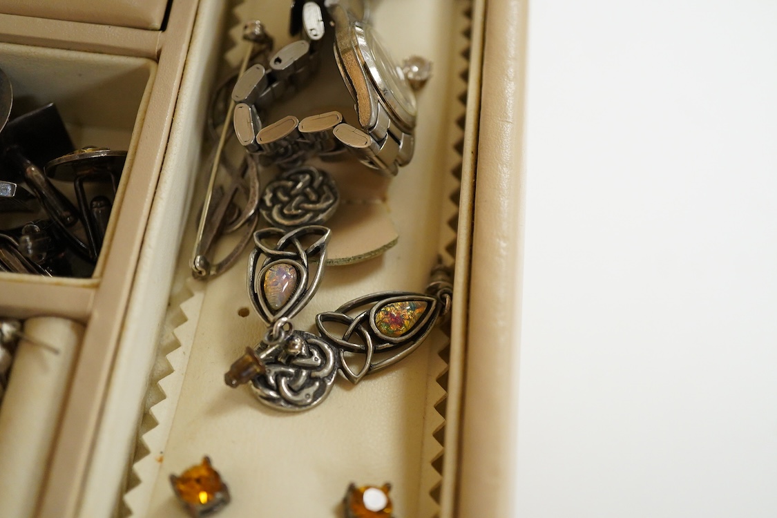 A jewellery box containing mainly costume and other jewellery including, silver and 925 cufflinks, a cultured pearl necklace with silver and paste set clasp and three wrist watches including a steel and gold plated Bulov